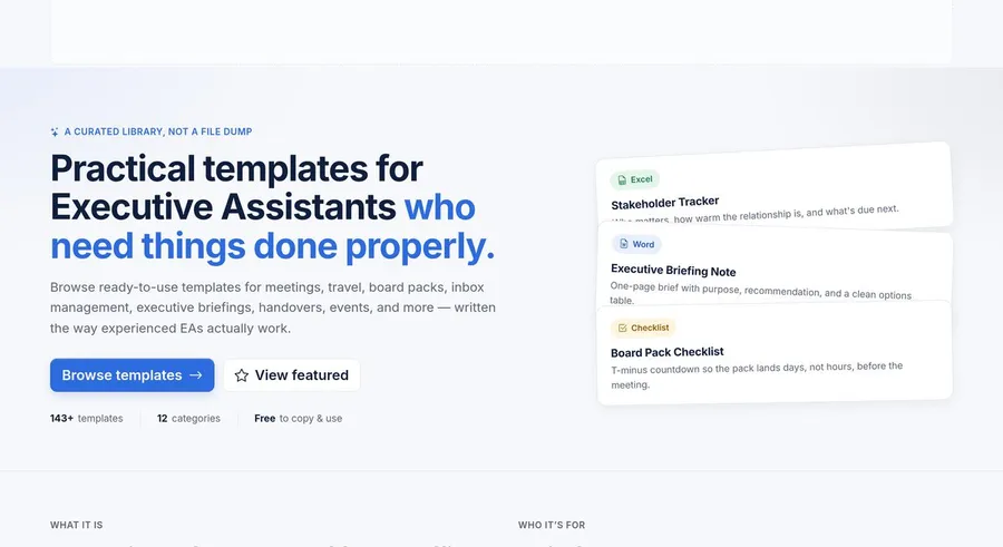 Executive Assistant Templates website, built by SourceCode