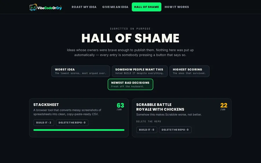 Vibe Code Or Cry website, built by SourceCode